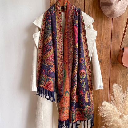 Buddhist Blessing Tibetan Cashew Peony Flowers Vine Tassels Shawl Fall Winter Cozy Scarf Wrap