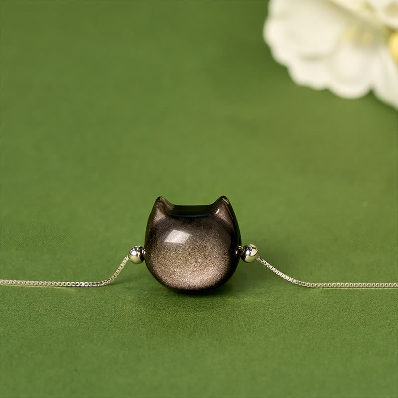 Buddhist Blessing 925 Sterling Silver Silver Sheen Obsidian Gold Sheen Obsidian Cat Soothing Bracelet