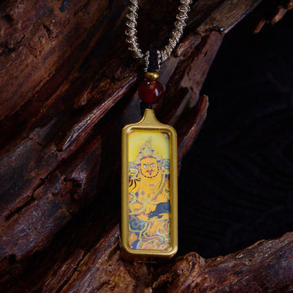 Buddhist Blessing Tibet Zakiram Yellow God of Wealth Nine Tailed Fox Hand-Painted Thangka Calm Necklace Pendant