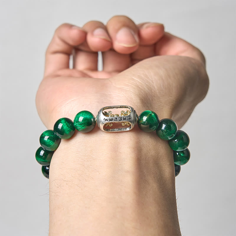 Buddhist Blessing Natural Green Tiger Eye Om Mani Padme Hum Positive Strength Bracelet
