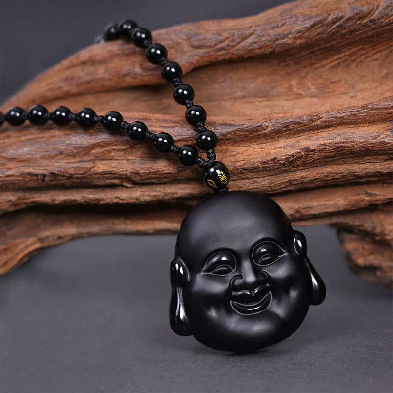 Buddhist Blessing Natural Black Obsidian Laughing Buddha Purification Necklace Pendant