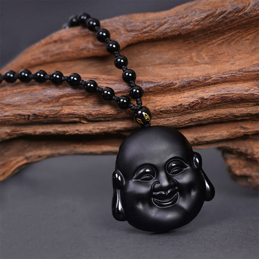 Buddhist Blessing Natural Black Obsidian Laughing Buddha Purification Necklace Pendant
