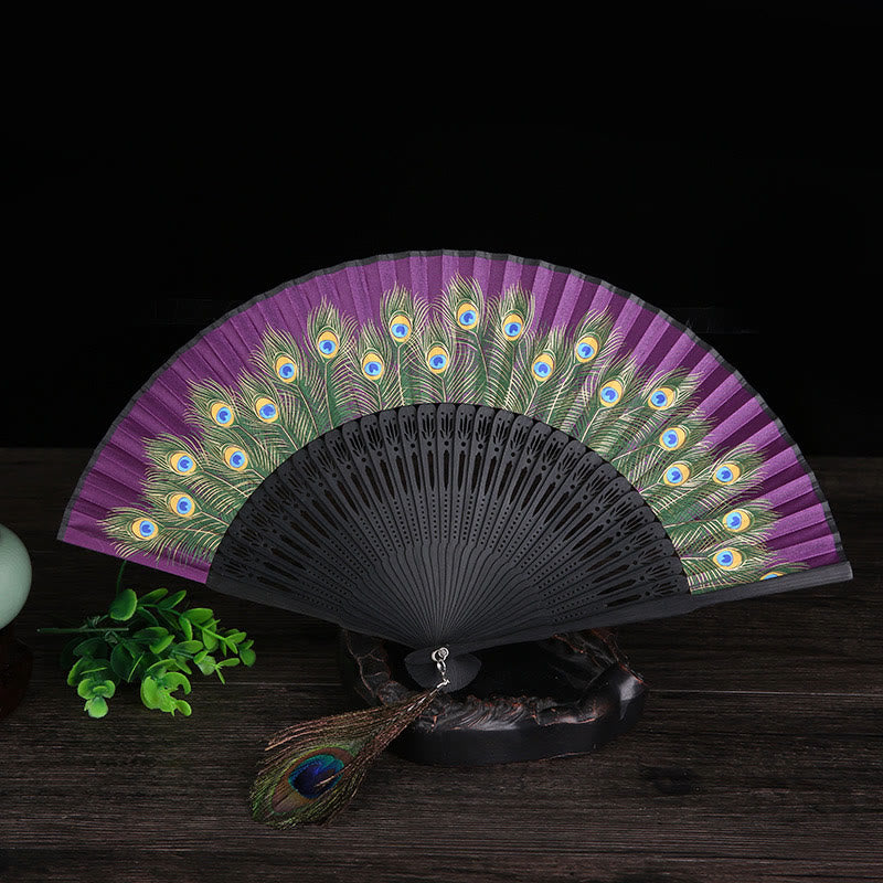 Buddhist Blessing Peacock Feather Handheld Bamboo Folding Fan 21.5cm