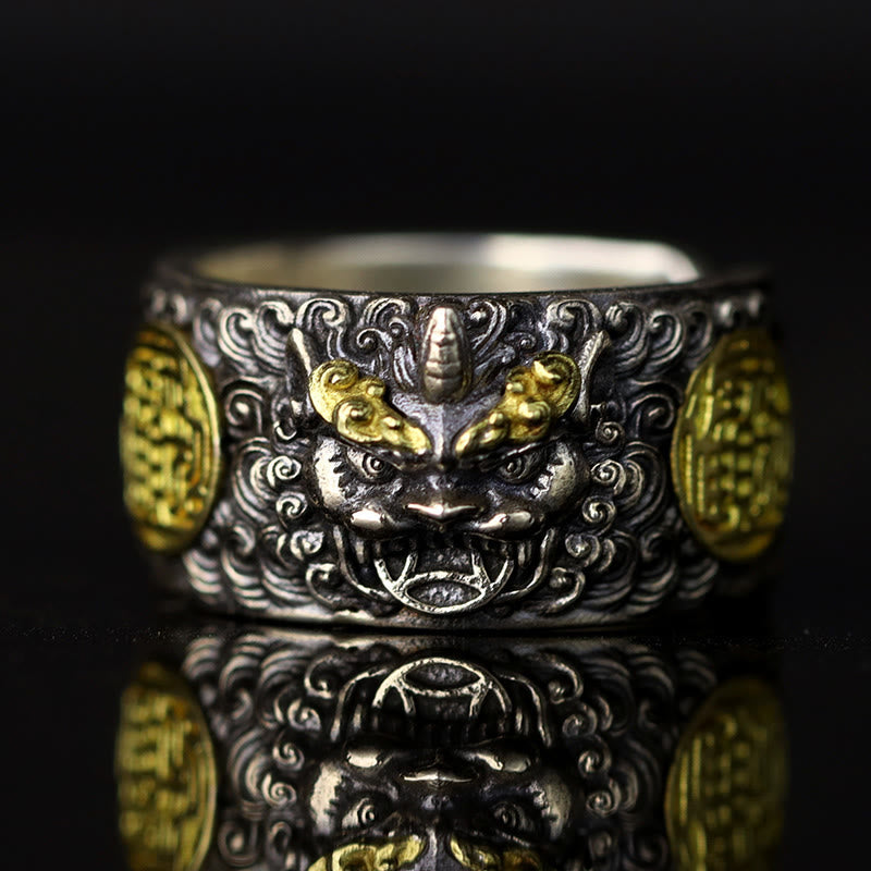 Buddhist Blessing 925 Sterling Silver PiXiu Copper Coin Brass Wealth Luck Adjustable Ring