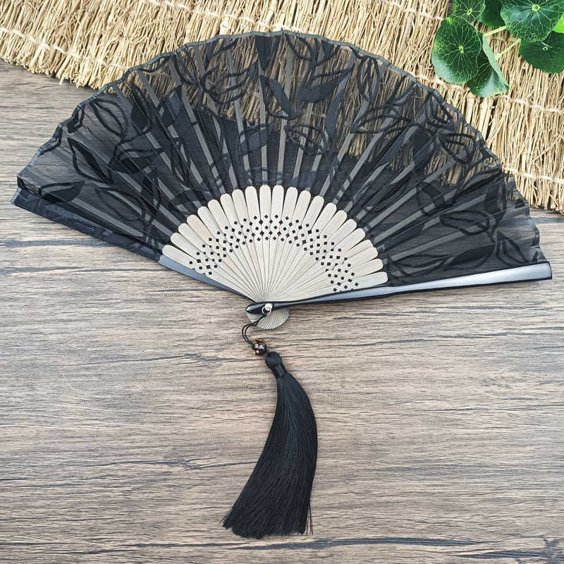 Buddhist Blessing Retro Leaves Flower Silk Handheld Bamboo Folding Fan