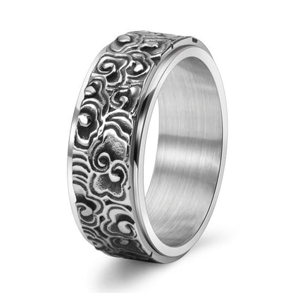 Buddhist Blessing Auspicious Clouds Pattern Carved Titanium Steel Balance Rotatable Ring