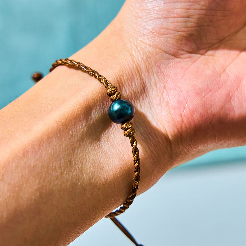 Buddhist Blessing Natural Tahitian Black Pearl Bead Wax Rope Wisdom Bracelet