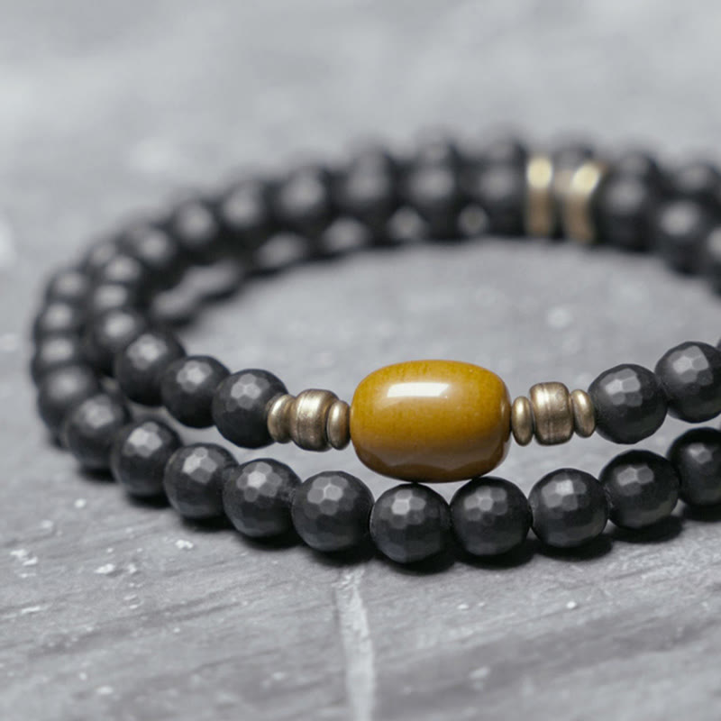 Buddhist Blessing Frosted Cut Surface Black Onyx Topaz Beads Double Wrap Protection Bracelet