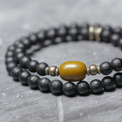 Buddhist Blessing Frosted Cut Surface Black Onyx Topaz Beads Double Wrap Protection Bracelet