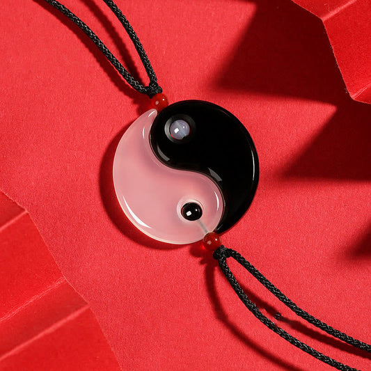 Buddhist Blessing Black Onyx White Agate Yin Yang Tai Chi Diagram Fortune Couple Necklace Pendant