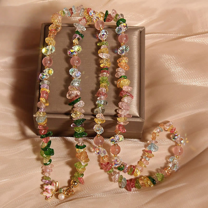 Buddhist Blessing Butterfly Flower Amethyst Strawberry Quartz Balance Necklace Pendant