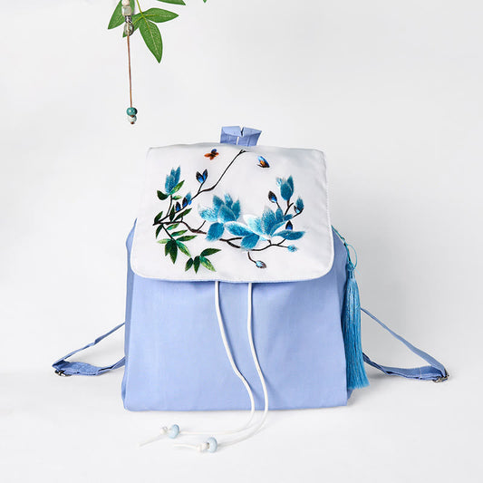 Buddhist Blessing Handmade Blue Magnolia Embroidered Large Capacity Canvas Backpack