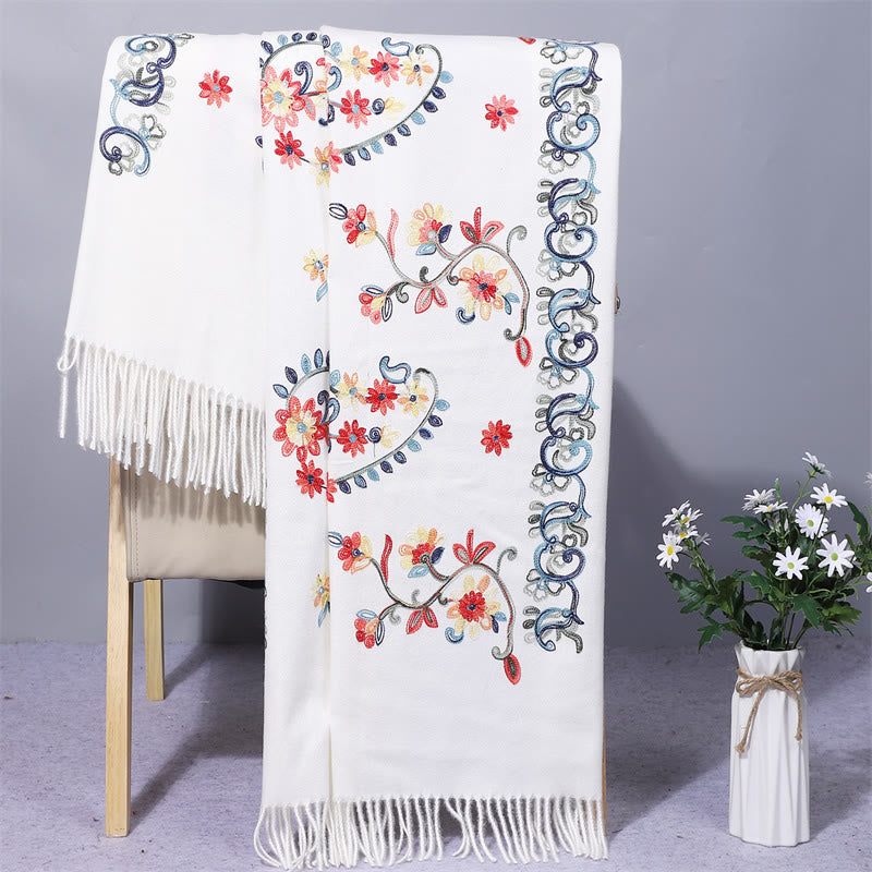 Buddhist Blessing Polyester Shawl Colorful Flower Ethnic Style Embroidery Tassel Winter Cozy Travel Scarf Wrap