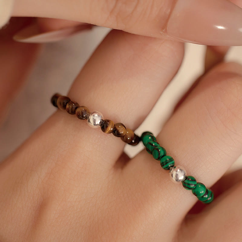 Buddhist Blessing 925 Sterling Silver Crystal Beads White Jade Black Onyx Blessing Elastic Ring