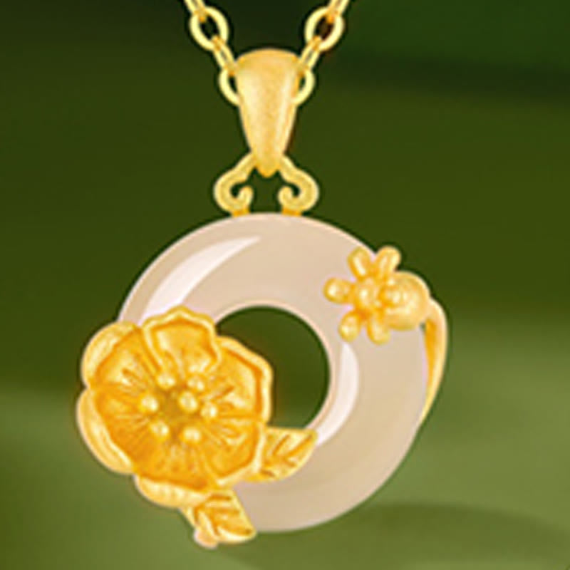 Buddhist Blessing Chalcedony 925 Sterling Silver Peace Buckle Flowers Necklace Pendant
