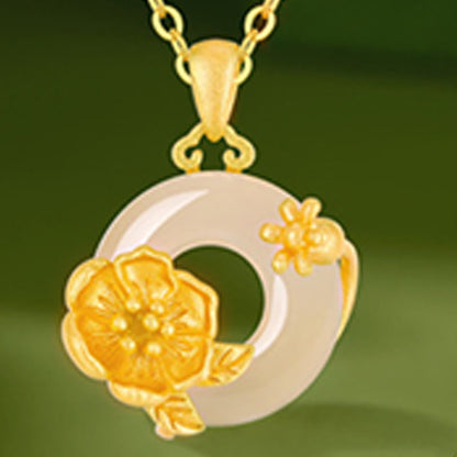 Buddhist Blessing Chalcedony 925 Sterling Silver Peace Buckle Flowers Necklace Pendant
