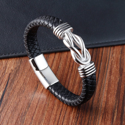 Buddhist Blessing Endless Knot Pattern Titanium Steel Balance Leather Buckle Bracelet