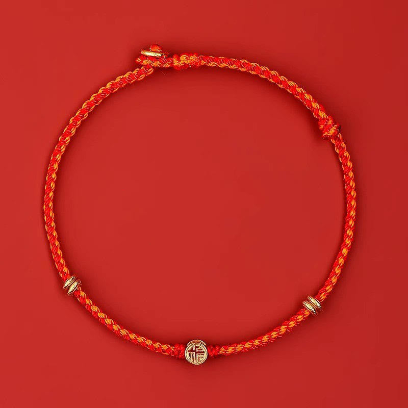 Buddhist Blessing Handmade Braided Red String 925 Sterling Silver Fu Character Luck Bracelet