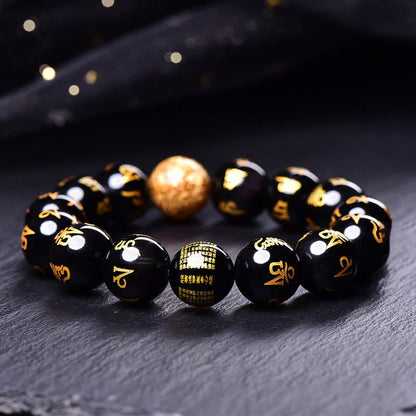 Buddhist Blessing Six True Words Om Mani Padme Hum Rainbow Obsidian Gold Foil Creativity Bracelet