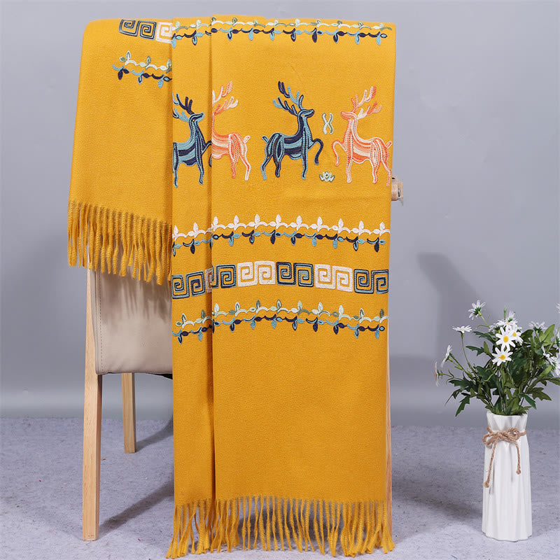 Buddhist Blessing Rayon Fabric Shawl Sika Deer Embroidery Tassel Winter Cozy Travel Scarf Wrap