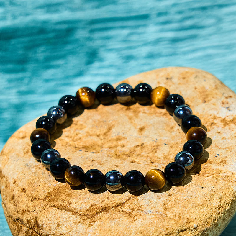 Buddhist Blessing Natural Tiger's Eye Obsidian Hematite Positive Powerful Bracelet