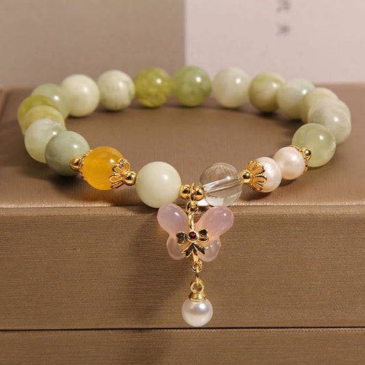 Buddhist Blessing Natural Butterfly Serpentine Jade Yanyuan Agate Luck Bracelet