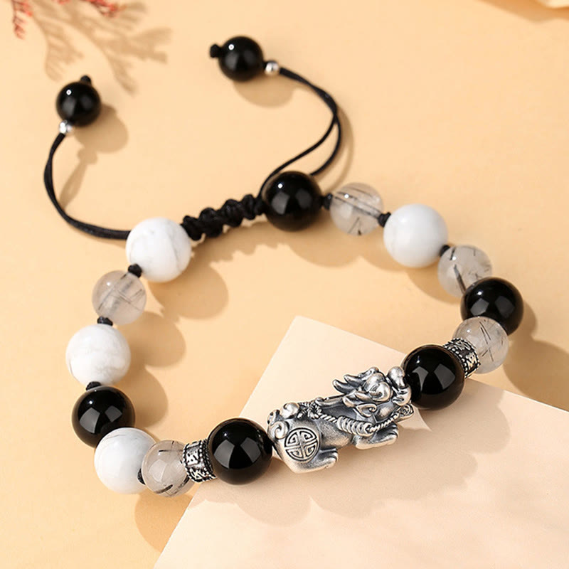 Buddhist Blessing Pi Xiu Six True Words 999 Sterling Silver Black Obsidian White Turquoise Chrysoberyl Luck Bracelet