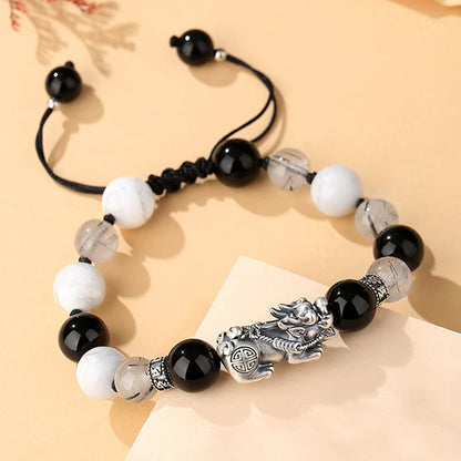 Buddhist Blessing Pi Xiu Six True Words 999 Sterling Silver Black Obsidian White Turquoise Chrysoberyl Luck Bracelet