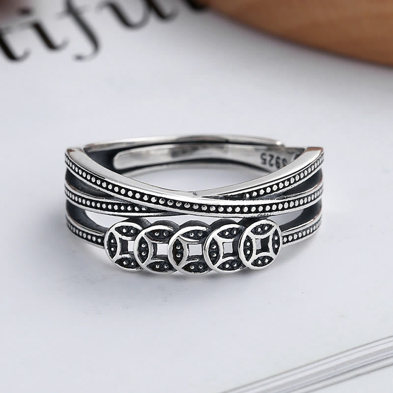 Buddhist Blessing 925 Sterling Silver Copper Coins Wealth Blessing Adjustable Ring