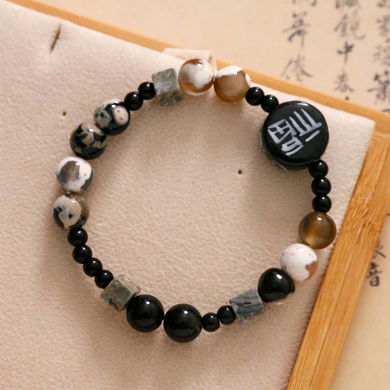 Buddhist Blessing Black Onyx Ceramics Agate Black Glitter Stone Fortune Fu Character Bracelet