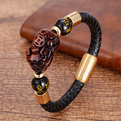 Buddhist Blessing Tiger Eye Black Onyx Red Agate PiXiu Copper Coin Om Mani Padme Hum Strength Leather Bracelet