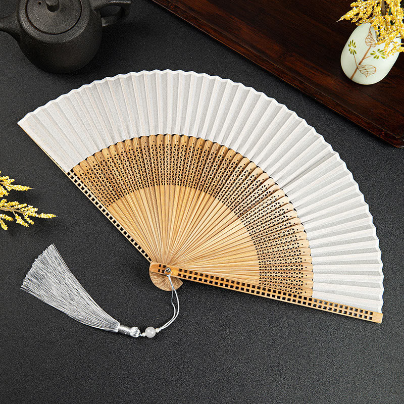 Buddhist Blessing Cranes Auspicious Clouds Solid Color Gradient Handheld Cotton Linen Fabric Bamboo Folding Fan