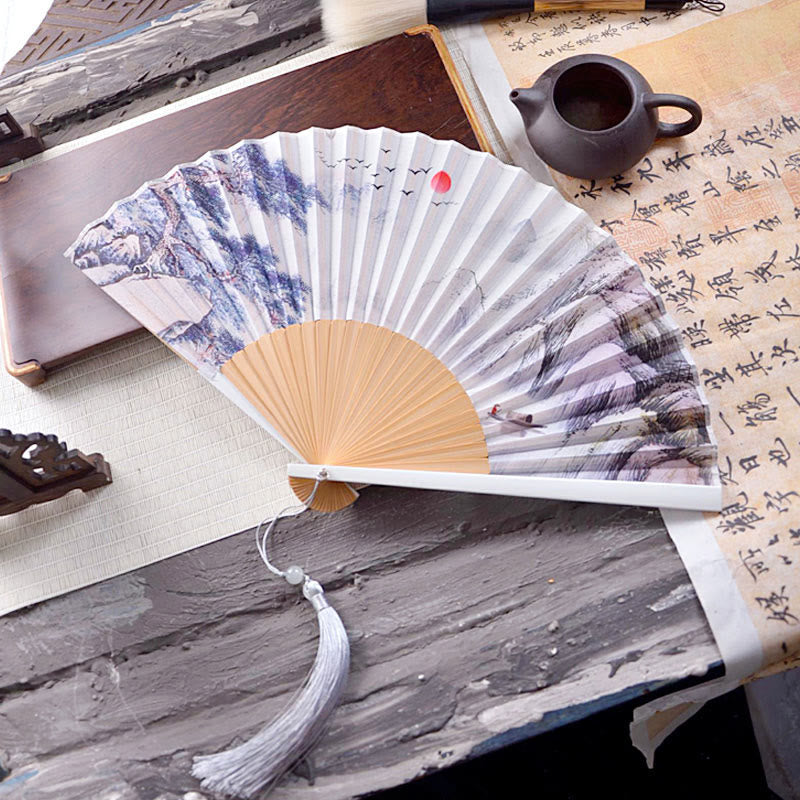 Buddhist Blessing Chinese Characters Ink Painting Lotus Flower Leaf Landscape Handheld Huayao Crepe Polyester Bamboo Folding Fan 23.3cm