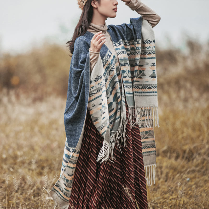 Buddhist Blessing Tibetan Geometric Rhombus Pattern Tassels Shawl Fall Winter Warm Cozy Scarf Wrap