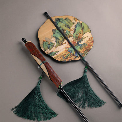 Buddhist Blessing Handmade Bamboo Thousand Miles of Rivers and Mountains Long Handle Portable Curlable Fan