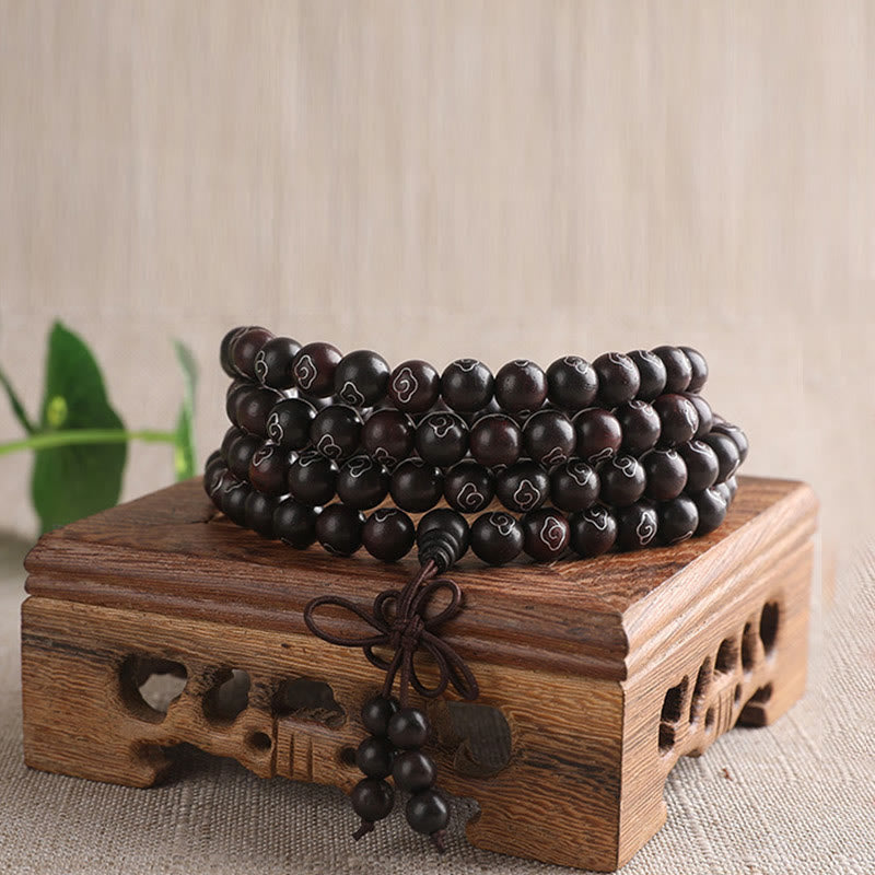 Buddhist Blessing 925 Sterling Silver Inlaid Small Leaf Red Sandalwood Om Mani Padme Hum Character Auspicious Clouds Protection Bracelet