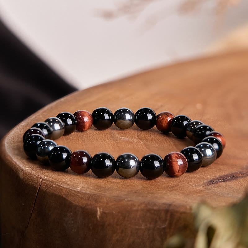 Buddhist Blessing Natural Tiger's Eye Obsidian Hematite Positive Powerful Bracelet