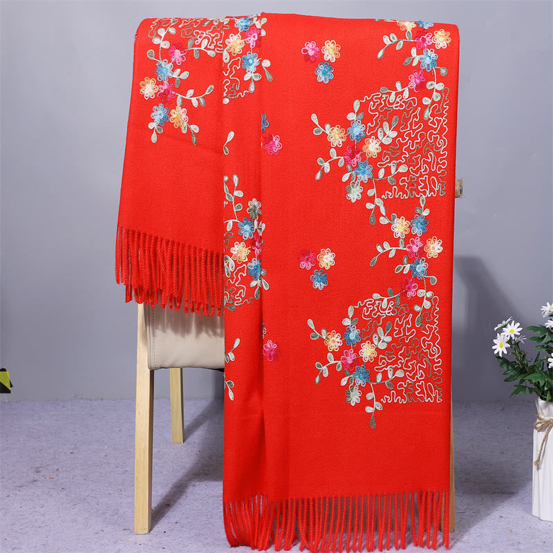 Buddhist Blessing Rayon Fabric Shawl Colorful Small Flowers Embroidery Tassel Winter Cozy Travel Scarf Wrap