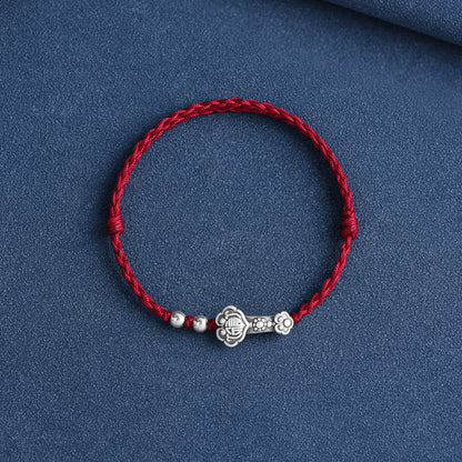 Buddhist Blessing Handmade 999 Sterling Silver Fu Character Wish Ruyi Handle Fortune Rope Bracelet Anklet