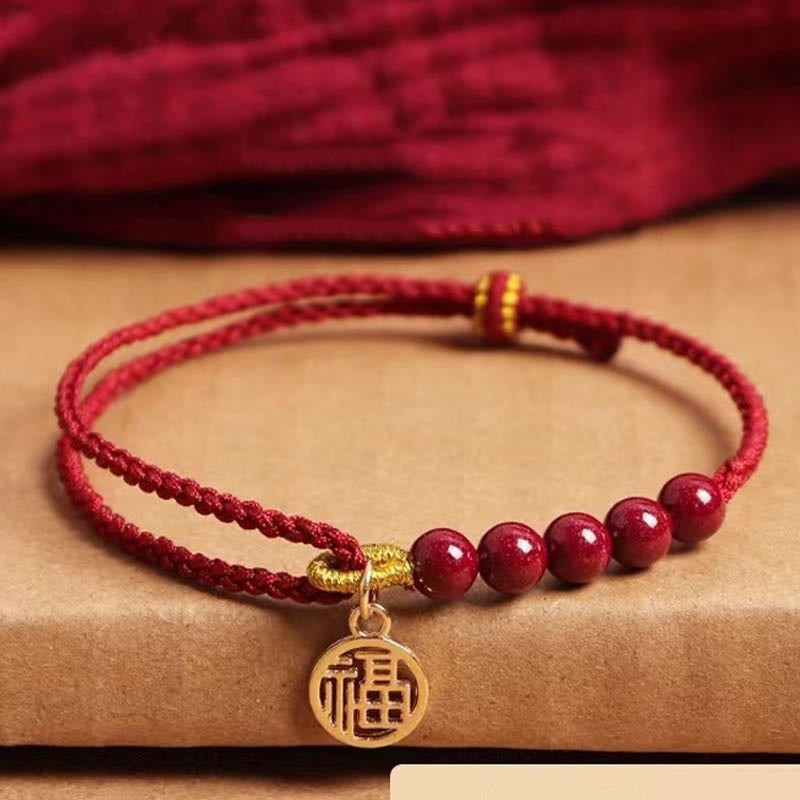 Buddhist Blessing Cinnabar Fu Character Beads Blessing Red String Handmade Braided Bracelet