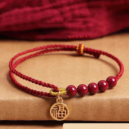Buddhist Blessing Cinnabar Fu Character Beads Blessing Red String Handmade Braided Bracelet