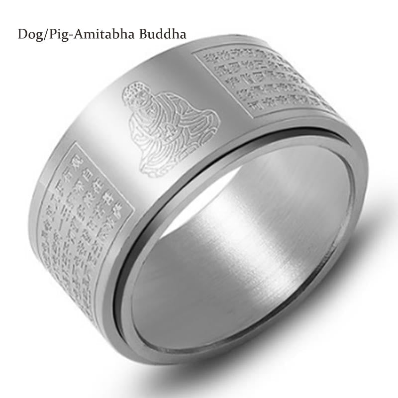 Buddhist Blessing Chinese Zodiac Natal Buddhist Blessing Heart Sutra Carved Titanium Steel Calm Rotatable Ring