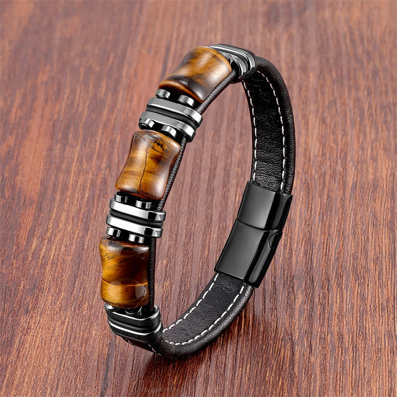 Buddhist Blessing Tiger Eye Three Bamboo Stone Protection Power Leather Bracelet