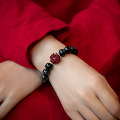 Buddhist Blessing Chinese Zodiac Natural Black Obsidian Cinnabar Purification Bracelet