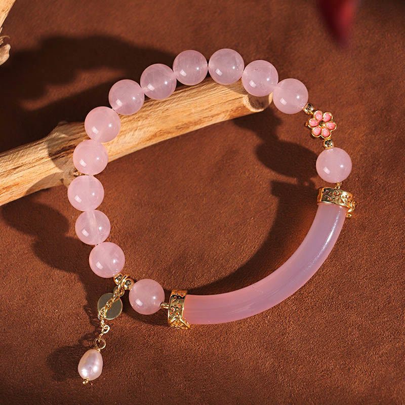 Buddhist Blessing Pink Crystal Blue Chalcedony Pearl Cuff Half Bracelet Bangle