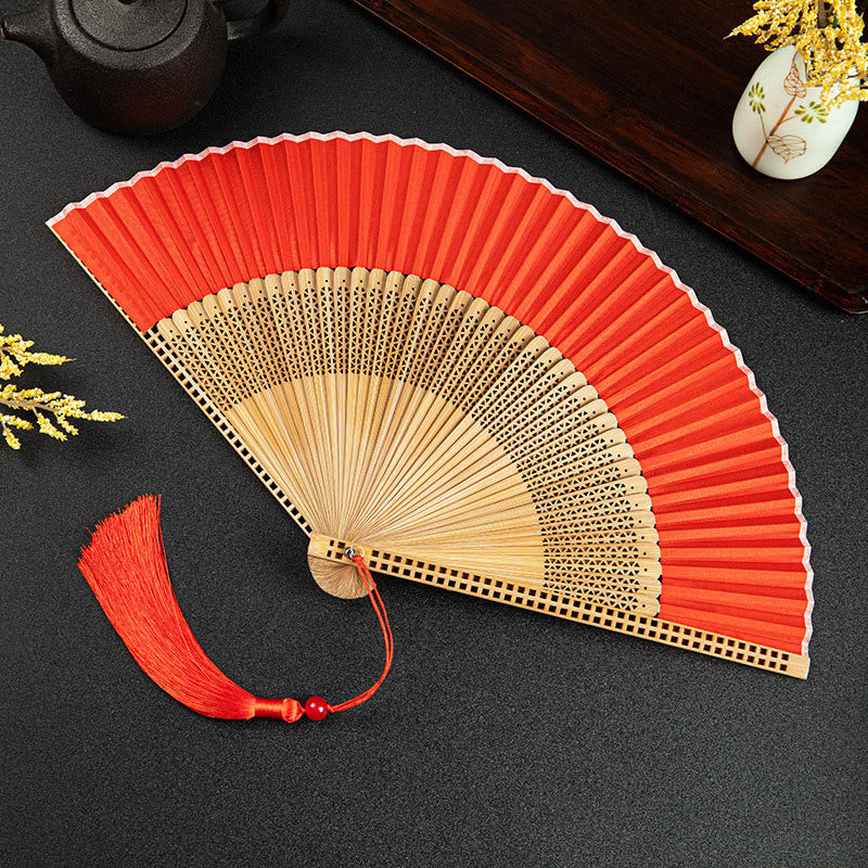 Buddhist Blessing Cranes Auspicious Clouds Solid Color Gradient Handheld Cotton Linen Fabric Bamboo Folding Fan