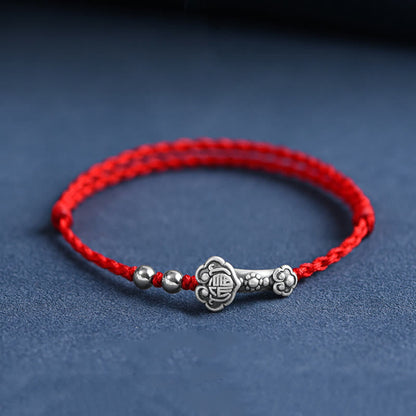 Buddhist Blessing Handmade 999 Sterling Silver Fu Character Wish Ruyi Handle Fortune Rope Bracelet Anklet