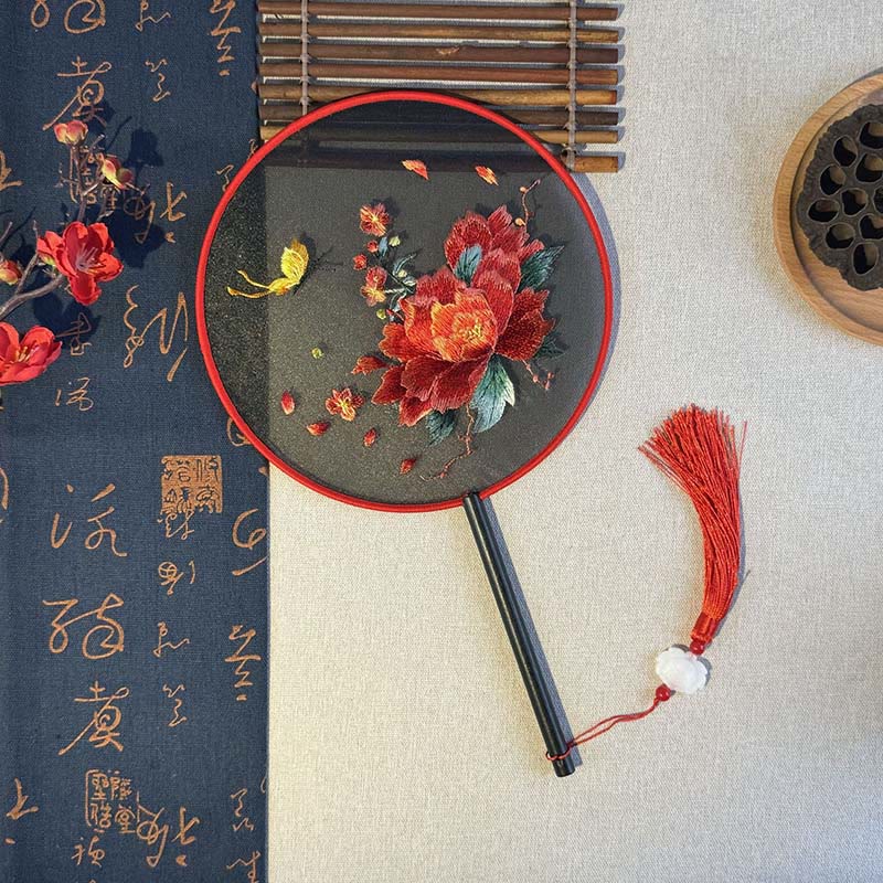 Buddhist Blessing Peony Flowers Butterfly Embroidered Handheld Wood Handle Fan