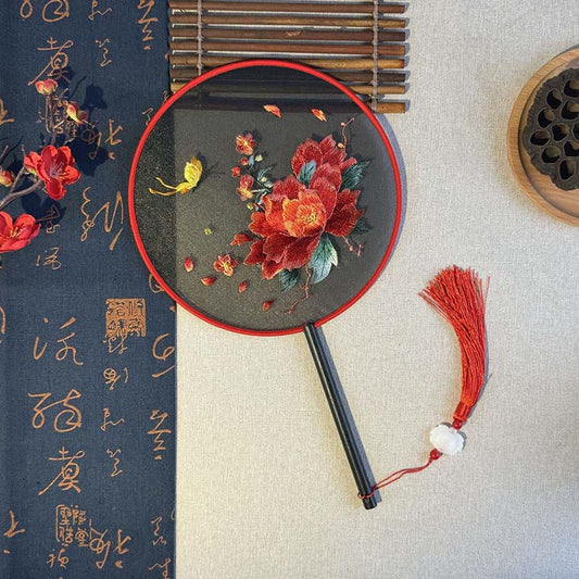 Buddhist Blessing Peony Flowers Butterfly Embroidered Handheld Wood Handle Fan