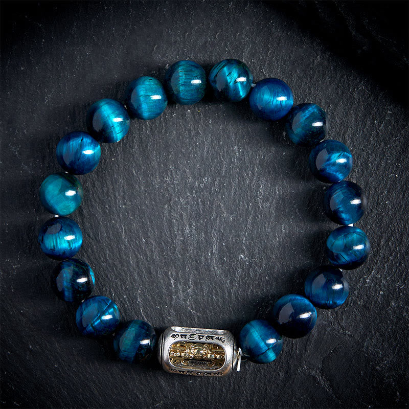 Buddhist Blessing Natural Blue Tiger Eye Om Mani Padme Hum Strength Bracelet